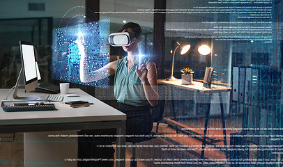 Image showing Woman, hands and night with vr headset, hologram graphic or web design planning for global cybersecurity. Developer, augmented reality glasses or future cloud computing at office with holographic ui