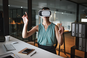 Image showing Vr, metaverse and business woman in virtual reality exploring cyber world in office at night. Futuristic, technology and female employee with digital headset with ai software for 3d internet browsing