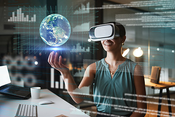 Image showing Vr, metaverse and business woman with earth in office at night exploring a cyber world. Future, virtual reality and female employee with digital globe with ai software for 3d, data and trading graphs