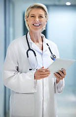 Image showing Healthcare, doctor and portrait of woman on tablet in hospital for wellness, medical care and support. Insurance, clinic and senior female smile with digital tech for telehealth or online consulting