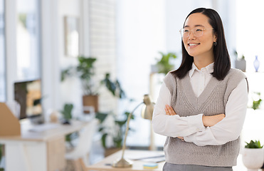 Image showing Vision, thinking and confidence of a woman with arms crossed for business and corporate. Management, mockup and Asian employee smiling for an idea, success and contemplation with space in office