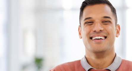 Image showing Happy, portrait and businessman in office with future, vision and ambition on blurred background. Face, worker and guy leader smile for career, goal and idea while advertising, space and isolated