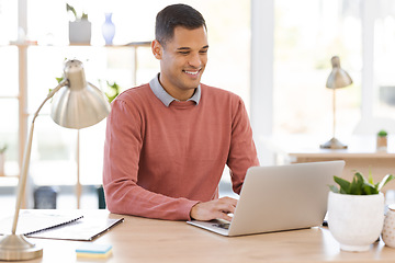 Image showing Laptop, office and happy man planning for company startup website design, digital review or editing proposal report. Computer network, email management and worker, person or manager at typing at desk