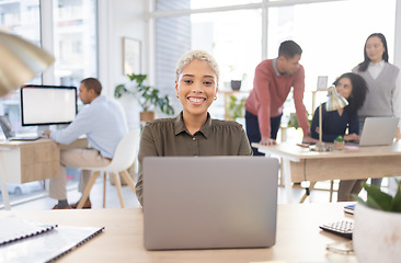 Image showing Laptop, office and portrait of black woman planning for company startup design, digital review or editing proposal. Computer network, email management of worker, person or employee typing at her desk