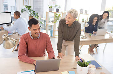 Image showing Research, black woman or happy manager coaching a man in startup or group project in a digital agency. Leadership, laptop or employee helping, talking or speaking of our vision or branding direction