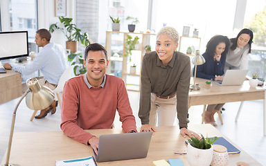 Image showing Leadership, portrait or manager coaching a worker in startup or group project together in a digital agency. Faces, laptop or happy black woman helping, working or speaking of our vision or branding