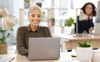 Image showing Portrait of black woman working on laptop for office startup, company workflow or editing website in online business. Computer, digital management and worker, person or project manager typing at desk