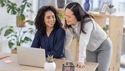 Image showing Leadership, Asian or manager coaching a worker in online startup or group project in a digital agency. Teamwork, laptop or happy woman helping, talking or speaking of our vision or branding direction