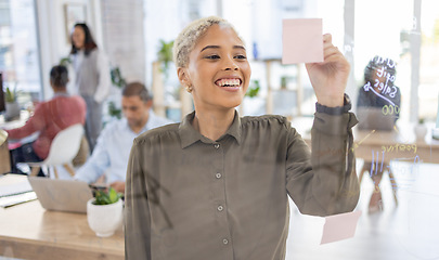 Image showing Agenda, planning and business woman writing, creative and schedule on sticky note in office. Small business, startup and black female on idea, vision or career goal, development or marketing mission