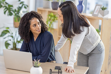 Image showing Leadership, email marketing or manager coaching a black woman in startup or group project in a digital agency. Team work, laptop or worker helping, talking or speaking of vision or branding direction