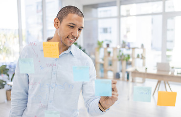 Image showing Writing, planning and businessman in office for schedule, agenda and management with sticky notes. Smile, vision and male leader with idea for marketing, advertising or career goal, happy and mindset