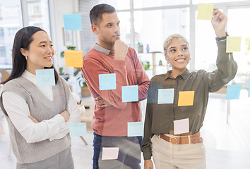 Image showing Creative people, planning and thinking for schedule, team strategy or brainstorming on glass wall at office. Group in teamwork contemplating plan, tasks and post it for sticky note or startup