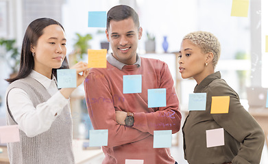 Image showing Creative business people, schedule and team planning in strategy or brainstorming on glass wall at office. Group in teamwork for project plan, tasks and post it for sticky note or startup together