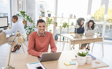 Image showing Laptop, office portrait and man planning for startup company design, digital review or editing proposal. Computer workflow, email management and worker, person or project manager typing at his desk