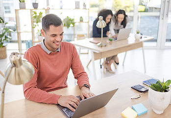 Image showing Laptop, planning and man at office for startup company ideas, digital design or editing business proposal. Computer workflow, email management and worker, person or project manager typing at his desk