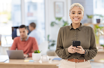 Image showing Black woman, portrait and smartphone with communication in office, online and mockup with smile. Leadership, business social media manager and content creator for startup, creative and connectivity