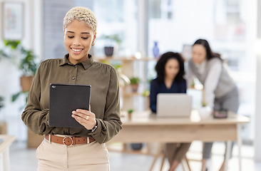 Image showing Planning, tablet and black woman with online research, business social media strategy and startup company management. Happy manager, worker or person working on digital technology in office workflow