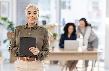 Image showing Tablet, office portrait and black woman with online research, business leadership and startup company management. Happy manager, worker or person working in Human Resources for employees workflow