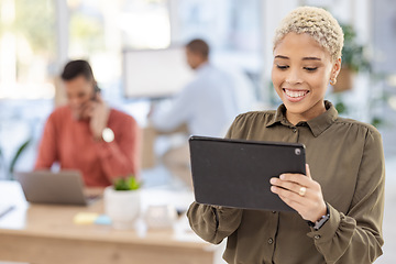 Image showing Black woman, office planning and tablet for online research, business strategy and startup company target goals. Manager, worker or person on digital technology for employees workflow or schedule app