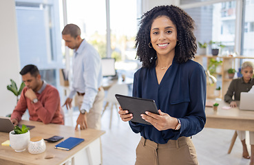 Image showing Office portrait, black woman and tablet for management, business research and startup leadership. Happy manager, employees or person with tech goals for Human Resources and company workflow