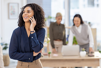 Image showing Phone call, communication and black woman in office startup networking, planning and feedback. Happy person, employee or Human Resources manager talking on smartphone for business opportunity