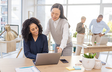 Image showing Laptop, Asian or manager coaching a worker in online startup or group project in a digital agency. Teamwork, leadership or happy woman helping, talking or speaking of our vision or email marketing