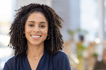 Image showing Black woman in business, portrait and leadership, success with career mindset, job pride in New York office. Startup, mission and mockup with corporate worker, happy face and empowerment in workplace