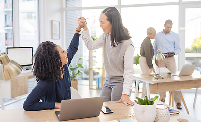 Image showing Business team, high five and women celebrate success, win or target achievement in office. Diversity people or employee and mentor or manager with goal, teamwork and solidarity in collaboration