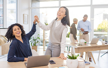 Image showing Business women, high five and portrait of team celebrate success or target achievement in office. Diversity people or employee and mentor or manager with hands for goal, teamwork and collaboration