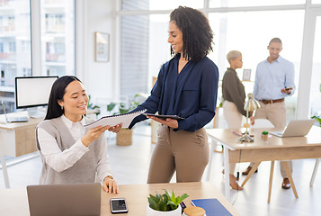 Image showing Documents, Asian or manager giving a worker in paperwork in startup or group project in a digital agency. Leader, smile or happy black woman talking or speaking of our vision or branding direction