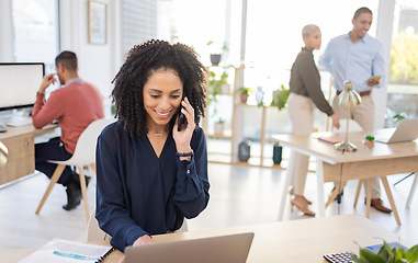 Image showing Phone call, laptop and black woman in office for communication, information and networking. Entrepreneur person at advertising agency talking to contact for proposal deal or digital marketing at desk