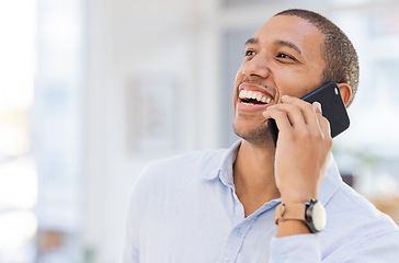 Image showing Phone call, communication and black man in office networking, startup success and online news. Happy professional manager, worker or boss talking on smartphone for career opportunity or contact us