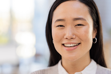 Image showing Business woman, face and happy with Asian and mockup space, vision and professional or positive mindset in her career. Smile in portrait, leader and corporate lawyer at law firm in Japan for success