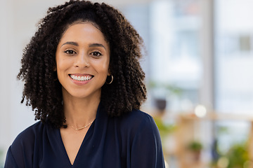 Image showing Black woman in business, face and success in portrait with career mindset, job goals and leadership in workplace. Vision, mission and mockup with corporate worker, happy and work in New York office