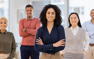 Image showing Teamwork, leadership and portrait of black woman in office for support, community and diversity. Collaboration, happy and management with business people for solidarity, confident or faith in startup