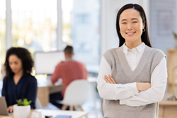 Image showing Business woman, face and portrait with success and mockup space, vision and professional mindset with career goals. Happy employee, leader and corporate lawyer at law firm in Japan, Asian and growth