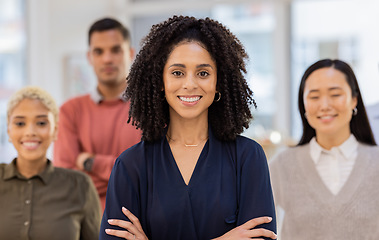 Image showing Happy, smile and portrait of business people in office for support, community and diversity. Collaboration, success and management with group of employee for solidarity, confident and teamwork