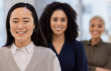 Image showing Asian woman, portrait smile and diversity in leadership, teamwork or vision at the office. Diverse group of happy employee women smiling for career goals, values or proud team at the workplace