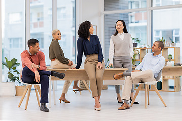 Image showing Conversation, relax or happy business people in meeting in startup or group project in a digital marketing agency. Teamwork, break or employees talking or speaking of our vision or branding direction