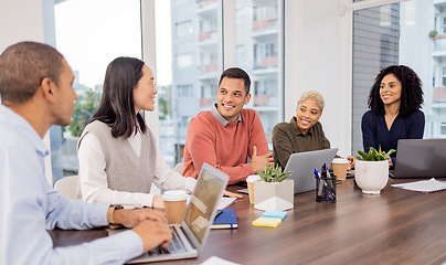 Image showing Team work, collaboration or happy business people in meeting planning a group or startup project. Laptop, mission or employees in collaboration for our vision, sales strategy or digital agency goals