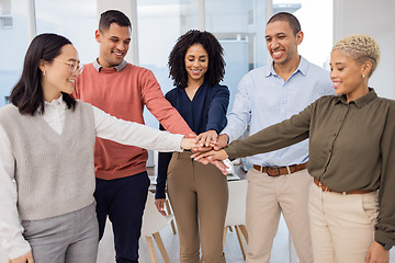 Image showing Team work, hands or happy business people in meeting planning together in a group project for motivation. Diversity, mission or employees in collaboration for our vision, strategy plan or goals