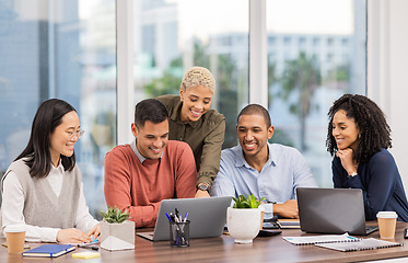 Image showing Digital marketing, laptop or happy business people in meeting planning a group or startup project. Manager, helping or employees in collaboration for our vision, SEO sales strategy or ecommerce goals