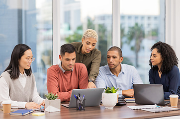 Image showing Digital marketing, laptop or business people in meeting planning a group or startup project. Manager, helping or employees in collaboration for our vision, sales strategy mission or ecommerce goals