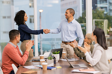 Image showing B2b success, winner or black woman shaking hands in meeting or startup project partnership or business deal. Handshake, mission or excited man with sales team goals, feedback or hiring agreement