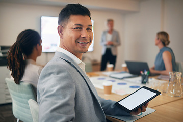 Image showing Businessman portrait, tablet or screen in meeting, office boardroom or training conference for target goals and strategy. Smile of happy worker on technology mockup for corporate teamwork or workshop