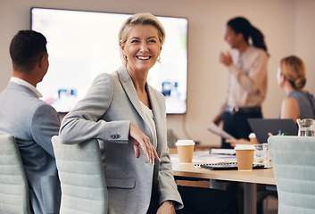 Image showing Business woman, portrait or leadership in office boardroom meeting, marketing workshop or advertising training goal. Smile, happy or mature corporate ceo in teamwork collaboration or review