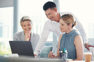 Image showing Business people, laptop or collaboration meeting in office boardroom planning, global finance or investment strategy. Smile, happy or corporate financial teamwork on technology for growth