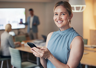 Image showing Business, portrait of woman CEO with phone and happy team leader in office with vision and success. Leadership, smile and corporate industry, confident businesswoman in management at digital startup.