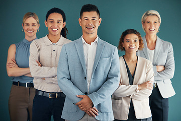 Image showing Business people, team with leader and corporate group in portrait, collaboration and lawyers on studio background. Leadership, happy and working together at law firm with teamwork and diversity