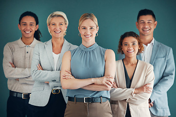 Image showing Business people, team and corporate group in portrait, collaboration and happiness, lawyers on studio background. Success, arms crossed and happy, work together and law firm, teamwork and diversity